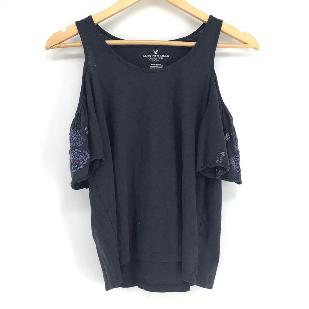 American Eagle Black Embroidered Cold Shoulder Top - Picture 1 of 3